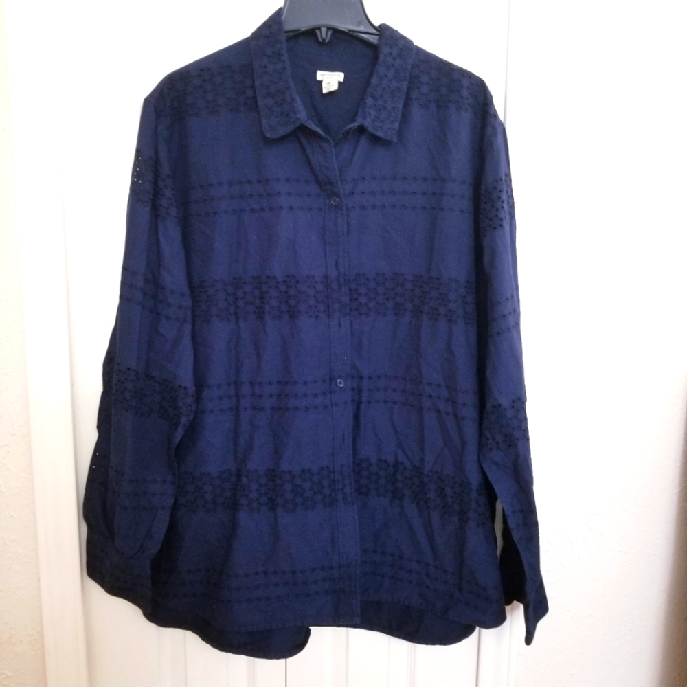 Eyelet Navy Button Down Blouse/Shirt - image 6